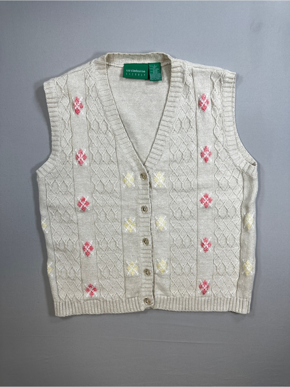 Vintage Liz Claiborne Liz Golf Knit Sweater Vest Linen Cotton Floral Size S